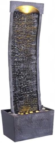 Teamson Home 38.58 in. Modern Curved Faux Slate Waterfall Fountain for Indoors or Outdoors with LED Light Accents and 1.98-Gallon Pump, Black and Stone Gray | Freestanding Floor Garden Waterfall, LED Lights, Weatherproof Polyresin, For Patio & Yard