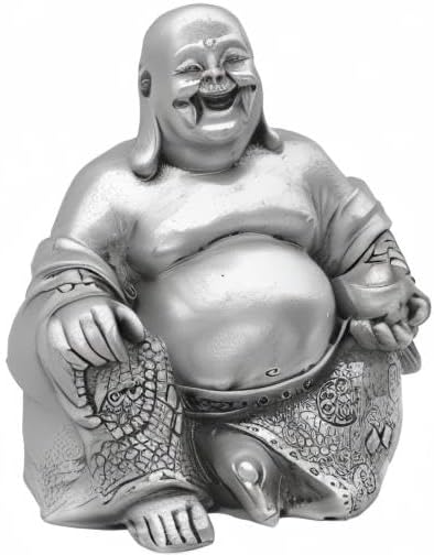 Bellaa Laughing Buddha Statue - 6 Inch Feng Shui Happy Monk Budai Hotei Figurine for Wealth, Luck & Happiness - Chinese Buddhist Zen Decor Silver Finish Resin 25761