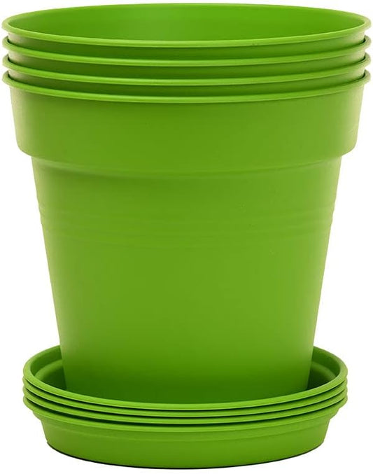 Mintra Garden Pots, 4 Pack Bulk Plastic Plant Pots with Drainage Tray, Round Indoor & Outdoor Decorative Planters with Drain Holes for Flowers, Herbs & Plants, 17cm Diameter – Light Green, 6.6 in