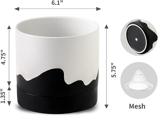 Nihow Ceramic Plant Pot,6 Inch Planter with Drainage Hole&Saucer for Indoor | White & Black,Indoor & Outdoor, Cylinder Round Flower Pot, For Succulent/Herbs/Violets