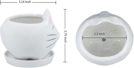 Ceramic Succulent Plant Pot Cactus Plant Pot Flower Pot Container Planter with Drainage Hole Home Office Desk Garden Gift Idea Animal Shaped Flower Pot Cute Vase Pot (Cat)