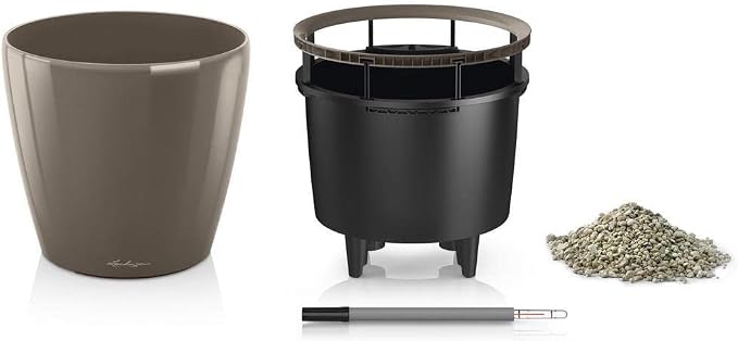 Lechuza Classico LS 28 Shiny Taupe High Gloss, Self-Watering Round Planter, D11 H10.2 in
