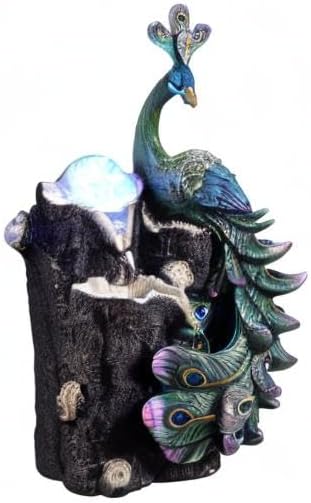 Kalona Tabletop Peacock Waterfall Fountain, 13.39" Indoor Water Feature with Rotating Glass Globe & LED Light-Up Base, Desktop Zen Fountain for Home Office Relaxation Decor (23048)