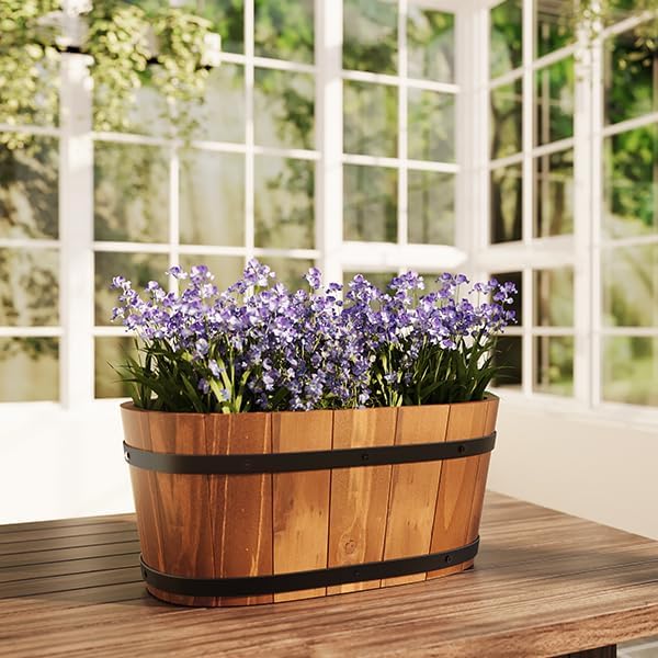 2-Pack Wooden Railing Planters, 13.2 inch Hanging Flower Pots with Detachable Hooks for Balcony, Fence, Deck, Garden, Country Home Decor -Brown