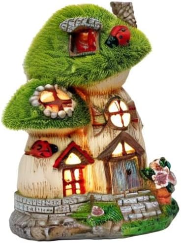 TERESA'S COLLECTIONS Mushroom Garden Statues with Outdoor Solar Light, Green Flocked Christmas Decorations for Home, Resin Fairy House Accessories Outdoor Decor Yard Thanksgiving Gifts for Mom, 8“