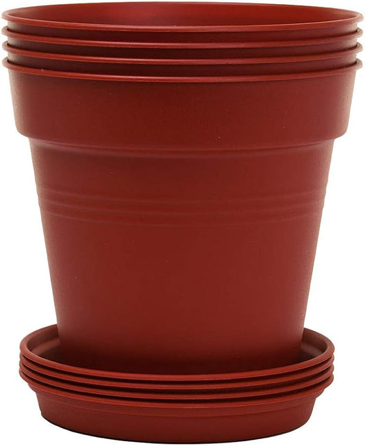 Mintra Garden Pots, 4 Pack Bulk Plastic Plant Pots with Drainage Tray, Round Indoor & Outdoor Decorative Planters with Drain Holes for Flowers, Herbs & Plants, 19cm Diameter – Burgundy, 7.5 in