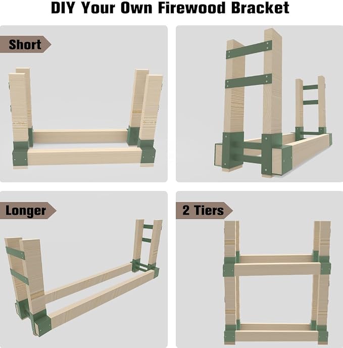Outdoor Firewood Rack Bracket Kit with 4 Support Bars for Fire Wood Pile Storage, Heavy Duty DIY Fireplace Log Stacking Stand Holder for 2x4 lumber, Green, 1 Pair