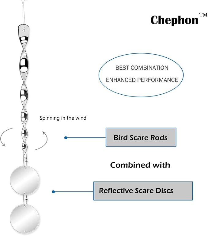 Chephon Bird Scare Rods with Reflective Discs Reflectors - Bird Spinner Scare Device of Twisting Rods and Disks to Keep Birds Away Like Woodpecker and Pigeon - 6 Pack