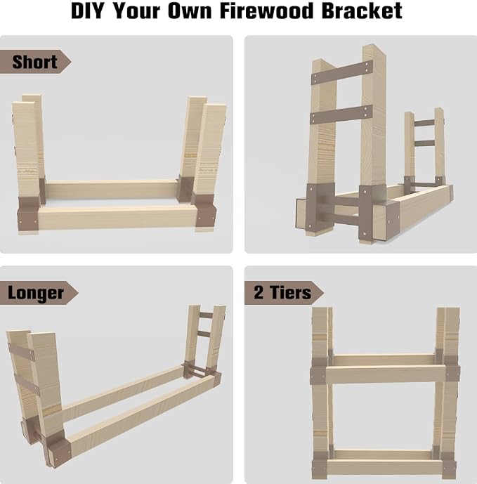 Outdoor Firewood Rack Bracket Kit with 4 Support Bars for Fire Wood Pile Storage, Heavy Duty DIY Fireplace Log Stacking Stand Holder for 2x4 lumber, Brown, 1 Pair