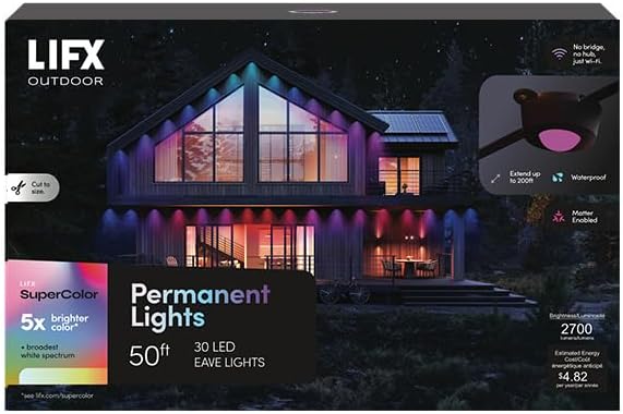 LIFX Permanent Outdoor Eave Lights, 50ft Smart RGB String Light, 30-Zone Color Control, Wi-Fi, App & Voice Control, Weatherproof, Expandable to 200ft, Works with Alexa, Google Asst, LFXSL50-30/LED/BLK