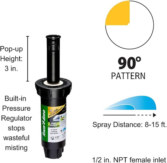 Rain Bird 1803DSQPRS Pressure Regulating (PRS) Professional Dual Spray Pop-Up Sprinkler, 90° Quarter Circle Pattern, 8' - 15' Spray Distance, 3" Pop-up Height