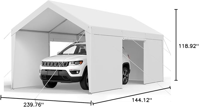 VEVOR Carport, 12 x 20 FT Outdoor Car Canopy, Potable Carport with Removable Sidewalls & Door, Heavy Duty Car Shelter, UV-Resistant & Water-Resistant, All-Season Protection for Automobile Boat White