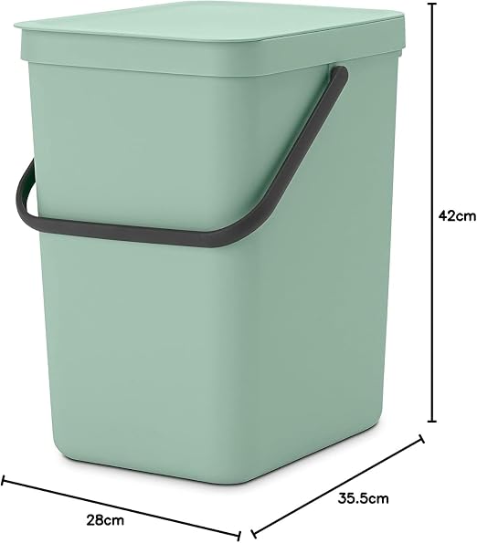 Brabantia Sort & Go Kitchen Recycling Bin | M / 6.6 Gal / 25L | Jade Green | Removable Stay-Open Lid, Carry Handle | Trash Can for Bottles, Cans, Paper, Glass | Wall-Mounting Bracket Sold Separately