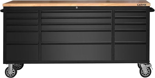 Garvee 72-Inch Heavy-Duty Rolling Tool Chest & Mobile Workbench with 15 Drawers, Rubber Wood Tabletop, Key Locking System, Drawer Liners and Wheels, Steel Storage Cabinet for Garage, Workshop