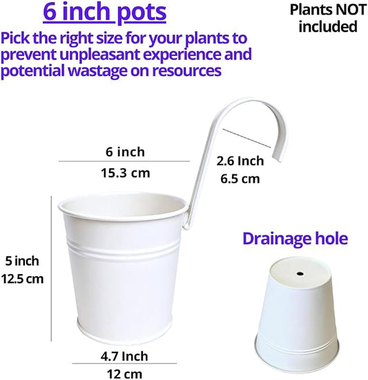 LaLaGreen Round Rail Planter (6 in, 12 Pack) White Metal Iron Flower Pots | Patio rail planters for balcony, apartment, porch, deck, over rail, outdoor plants, flower boxes, plant hangers