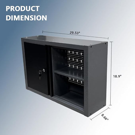 JZD Metal Wall Cabinet with Two Removable Shelves for Tool Organization, Included 22 Hooks, for Mechanics Garage Utility Room