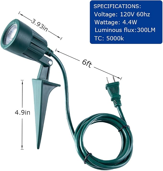 Outdoor Spotlight Plug in, Weather Resistant, Heavy Duty Stake, Landscape Light for Yard, Flag, Holiday Decor, 6FT Cord, 120V 300LM 5000K, Green, ETL Listed