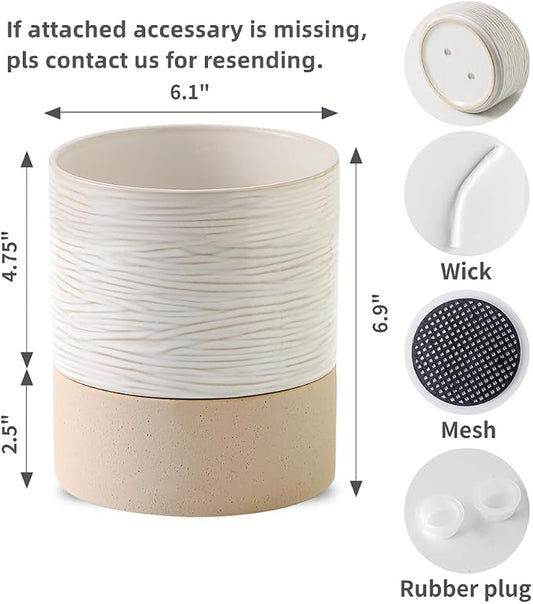 Nihow Ceramic Self Watering Plant Pot for Indoor Plants, 6 Inch,Cream White | Planter with Cotton Wick, Drainage Hole & Water Storage Plus, Cylinder Round Flower Pot, For Succulent/Herbs/Violets