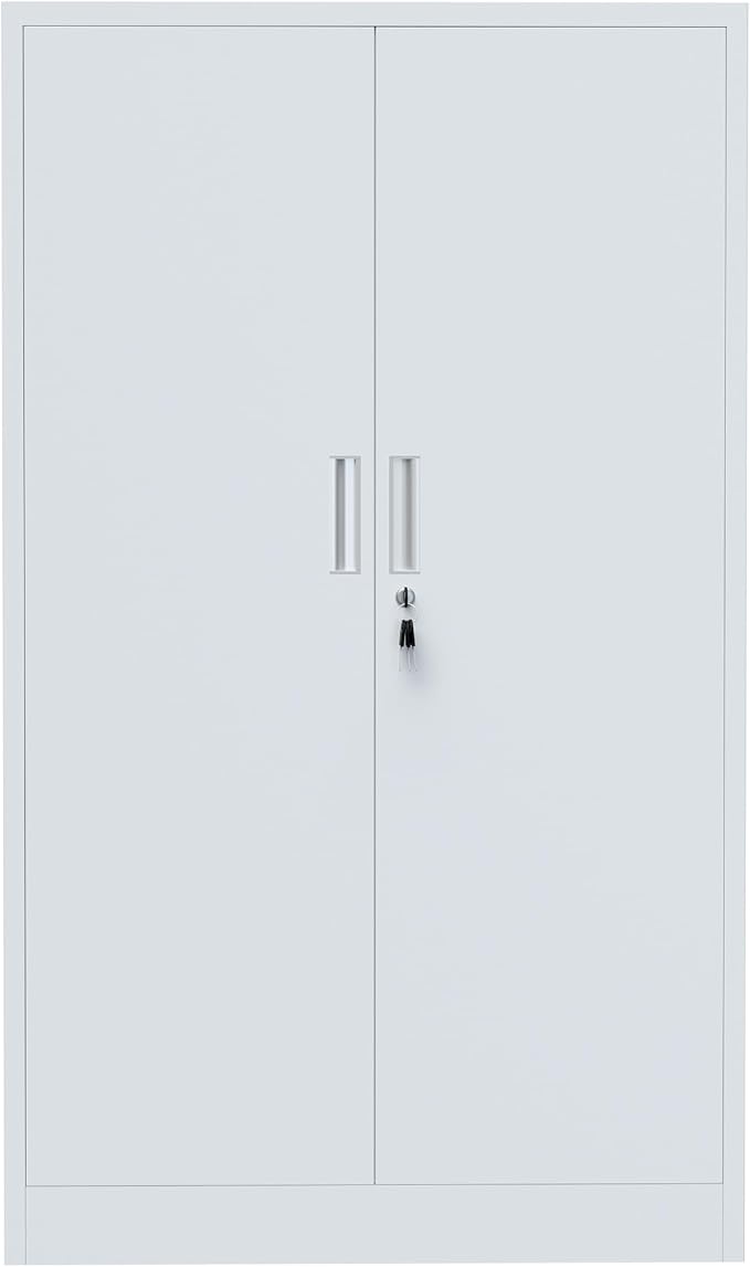 Metal Storage Cabinet with Locking Doors and 3 Adjustable Shelves, Lockable Storage Cabinets for Home Office Garage Kitchen Pantry (White)