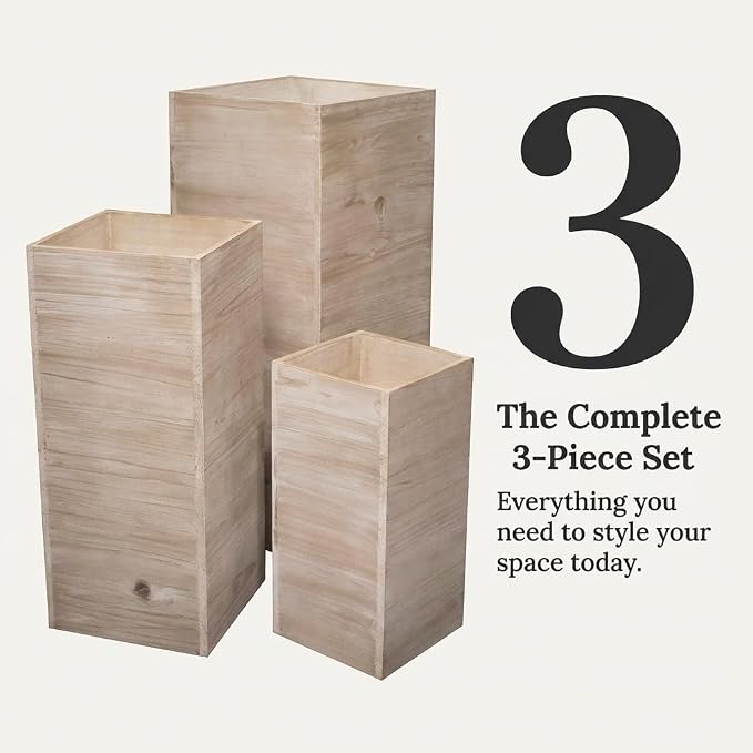 Anderson's Square Wooden Garden Planters Set – Rustic 3‑Piece Wood Planter Collection for Weddings, Patios, Backyards, Seasonal Décor & Modern‑Farmhouse Styling (Small 15", Medium 21", Large 26.75")