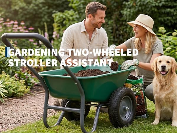 Garden Wheelbarrow Cart, Heavy Duty Utility Cart with Dual Wheels and Built-in Stand, Iron and Plastic Yard Cart for Home, Lawn and Garden