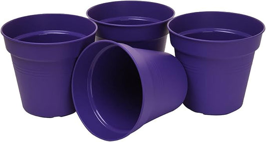 Mintra Garden Pots, 4 Pack Bulk Plastic Plant Pots with Drainage Tray, Round Indoor & Outdoor Decorative Planters with Drain Holes for Flowers, Herbs & Plants, 13cm Diameter – Purple, 5 in