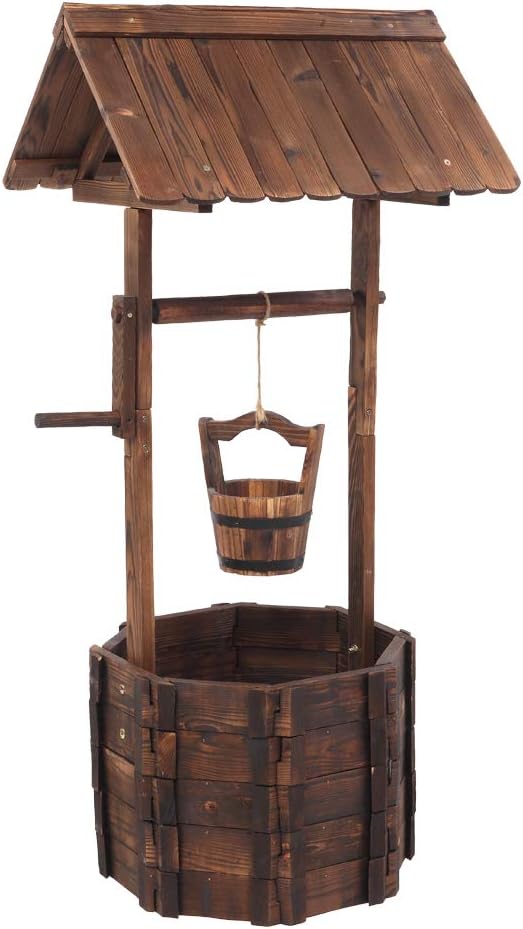Rustic Wooden Wishing Well Planter Outdoor Home Décor for Patio, Garden, Yard w/Hanging Bucket, Brown