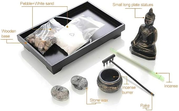 Royal Brands Zen Garden with Buddha, Rake, Rock Candle, and Incense Holder – Peace and Tranquility (9"x6"x7")