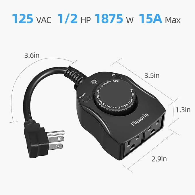 Outdoor Timer Outlet Waterproof, Dusk to Dawn Light Sensor Timer, 2 Grounded Electrical Outlets for Outdoor Lights, 15A/1875W, ETL Listed (1 Pack)