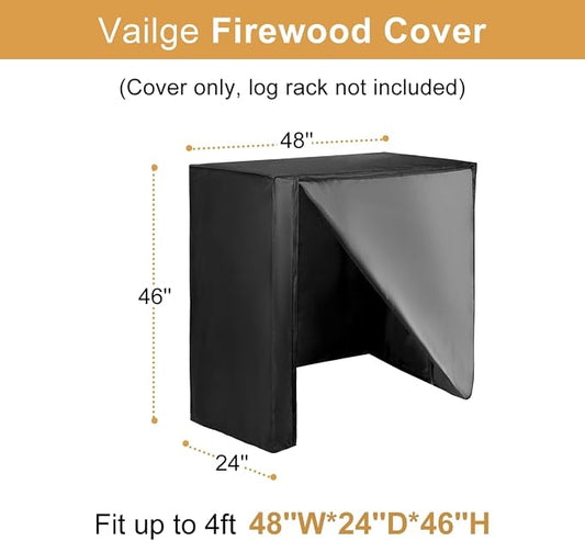 Vailge Firewood Rack Cover 4FT, Waterproof Firewood Rack Outdoor Cover with Full Front Zipper & Windproof Straps, Heavy Duty 600D Oxford Log Protector for All Seasons