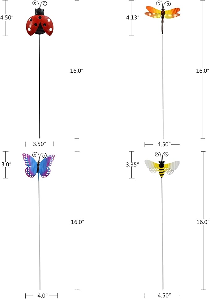 16" H Metal Insects Garden Stake Spring Decor, Butterfly Ladybug Bee Dragonfly Yard Art Ornaments Decorative Plant Stakes for Outdoor Lawn Pathway Patio Plant Pot Flower Bed