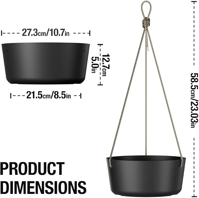 Asnext 10.7 Inch Hanging Planter for Outdoor Indoor Plants,2 Pack Hanging Flower Pots with Drain Holes for Garden Home Decor Use (Black)