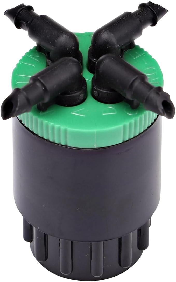Raindrip QB20UB, Cuatro-Flo® Four-Outlet Bubbler, Drip Irrigation Emitters for Drip Irrigation Gardening Systems, 20 GPH Per Outlet, 1/2-Inch FPT Inlet, Black/Green