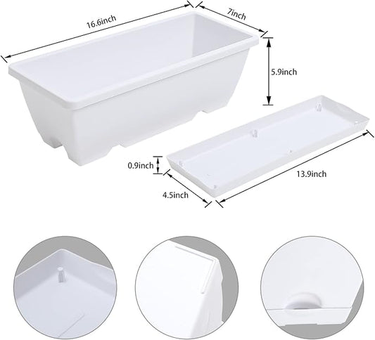 CHUKEMAOYI Window Box Planter, 7 Pack Plastic Vegetable Flower Planters Boxes 17 Inches Rectangular Flower Pots with Saucers for Indoor Outdoor Garden, Patio, Home Decor (White)