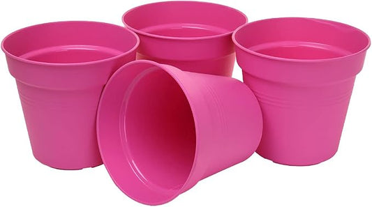 Mintra Garden Pots, 4 Pack Bulk Plastic Plant Pots with Drainage Tray, Round Indoor & Outdoor Decorative Planters with Drain Holes for Flowers, Herbs & Plants, 15cm Diameter – Fuchsia, 5.9 in