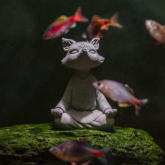 livelyfish Meditating Fox Buddha Statue Aquarium Zen Yoga Animal Figurines Sandstone Sculpture for Fish Tank Garden Tabletop Decor, L1
