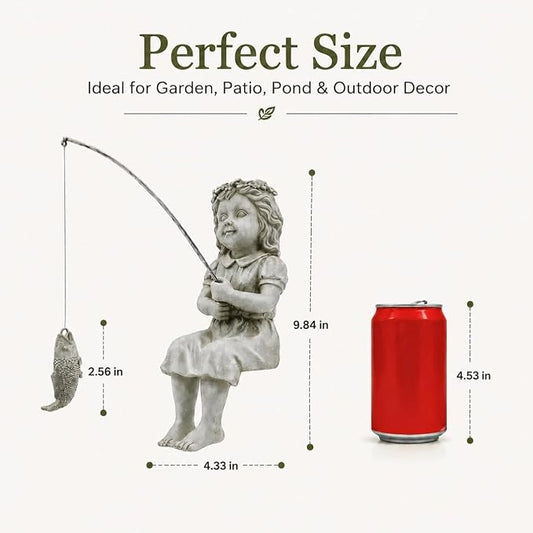 Goodeco Fishergirl Statue Garden Decor - 11" Little Fishing Guy for Koi Pond or Waterfalls, Poolside Statue with Glow in Dark Pebbles Included, Great Gifts for Mom, Women or Birthdays, Gift Ideas