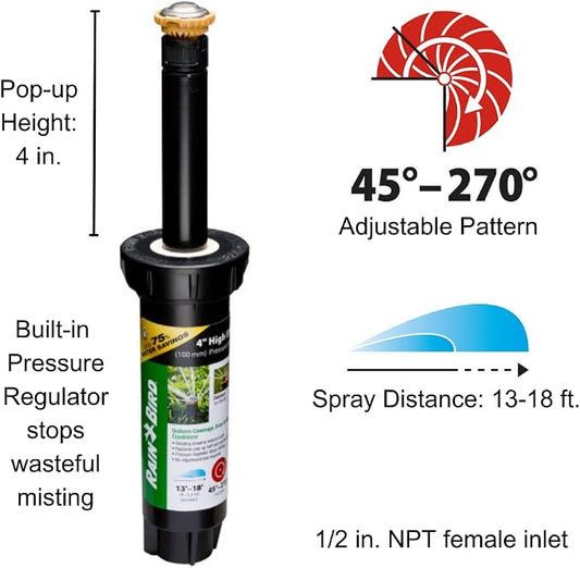 Rain Bird 12SAPROPR Pressure Regulating (PRS) High-Efficiency Pro Rotary Sprinkler, Hand Adjustable 45° - 270° Pattern, 13' - 18' Spray Distance, 4" Pop-up Height