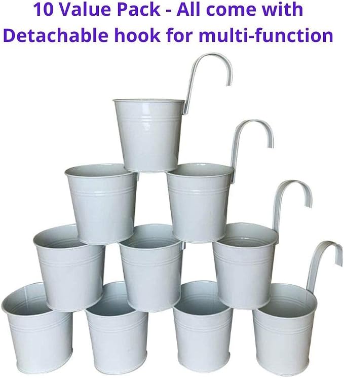 LaLaGreen Rail Planter (6 in, 10 Pack) White Metal Iron Railing Pots | Balcony railing planters for apartment, patio, porch, deck, over rail, outdoor plants, flower boxes, plant hangers