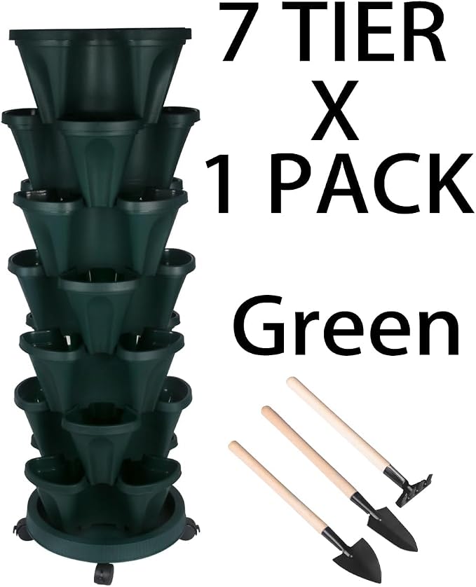 GameXcel Vertical Planter Tower - 7 Tier Stackable Garden Planters with Wheels and Tools Plant Pots for Strawberry Herb Flower and Vegetable Indoor Outdoor Use Green