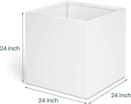 White Steel Planter 24 Inch Square Outdoor Planters Galvanized Steel Planter Box Indoor Metal Large Planters Cube Heavy Duty Planter Modern Commercial Residential for Plants Trees Patio Yard Garden