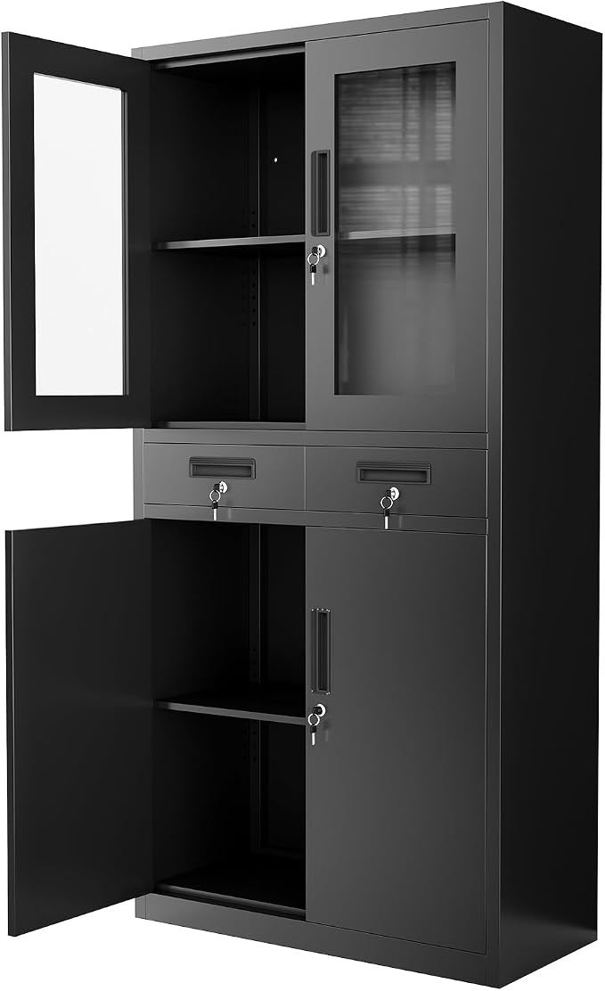 71" Black Metal Storage Cabinet with Glass Doors, Garage Storage with 2 Drawers + 2 Adjustable Shelves, Heavy Duty Tool Cabinet with Locking Doors for School, Workshop, Office, Black