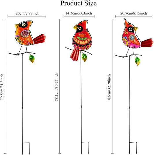 Decorative Garden Stakes,Set of 3 Cardinal Stained Glass Metal Yard Art,Waterproof Outdoor Decor Housewarming Present for Women Mom Grandma
