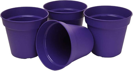 Mintra Garden Pots, 4 Pack Bulk Plastic Plant Pots with Drainage Tray, Round Indoor & Outdoor Decorative Planters with Drain Holes for Flowers, Herbs & Plants, 11cm Diameter – Purple, 4.3 in