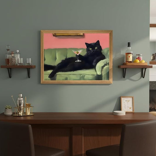 smvexyl Funny Black Cat Wall Art with Martini Glass, Eclectic Cocktail Cat Canvas Painting, Quirky Animal Bar Cart Decor for Kitchen Living Room Apartment Wall Decor Framed Artwork 24x16 Inch