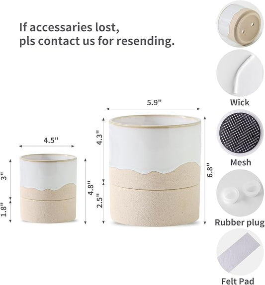 Nihow Self Watering Ceramic Planter, 4.5+6 Inch, White & Nature | Drainage Hole & Water Storage Plus, Cylinder Flower Pot, With Wick, For Indoor Plants & Herbs