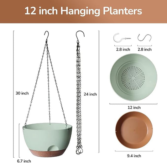 12 Inch Hanging Baskets for Plants Outdoor, Hanging Planters for Indoor Outdoor Plants, Hanging Planter with Self Watering, Hanging Flower Pots (Green)
