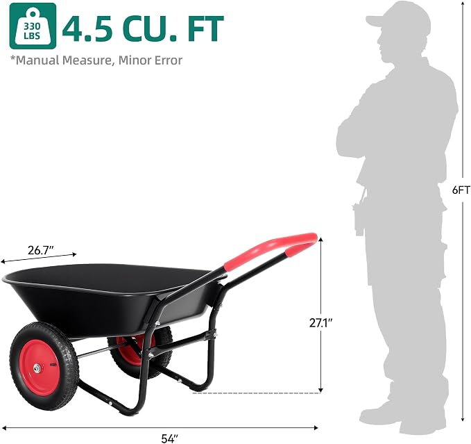 Autodaya Dual-Wheel Garden Cart, 14" Pneumatic Tires & Built-in Stand, 4.5 Cu Ft Utility Yard Wheelbarrow for Gardening, Soil, Construction, Easy Assembly,Red
