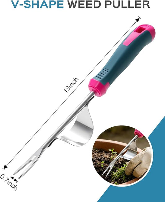 2026 Upgraded Weed Puller Tool, Stainless Steel Hand Weeder,Leverage Base & V-Shaped Forks for Easy Weed Removal & Deep Root Digging, Ergonomic Soft Grip Handle Manual Weeding Tool for Garden and Lawn