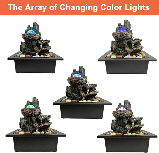 Indoor Tabletop Water Fountain Rotating Ball Rock Waterfall Fountain with Colorful Lights and Natural River Rocks, Zen Meditation for Home Office Decor (A)